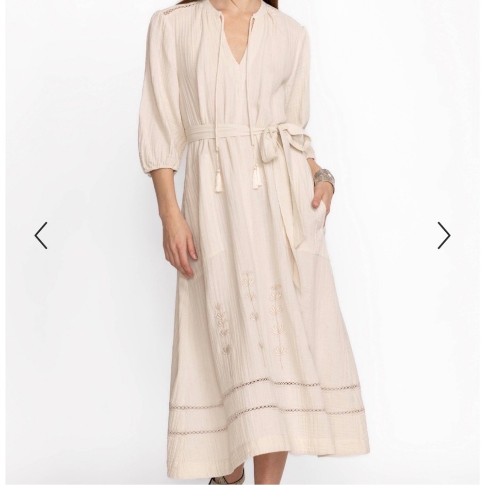 Calme Johnny Was Gauze Bishop Sleeve Dress XS white sand embroidered resort boho